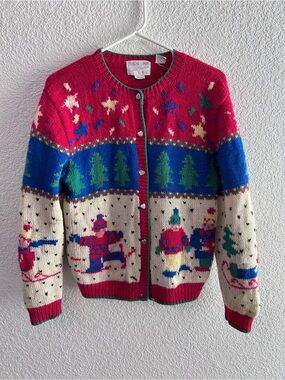 Vintage Heirlooms Handknit 100% Wool Christmas Cardigan / Sweater Ski Scene L